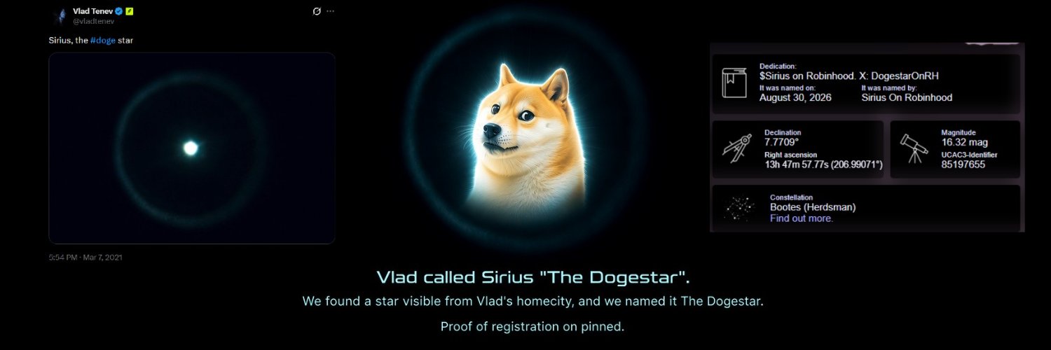 The Dogestar registration proof — Vlad's tweet, star registry certificate, and project banner